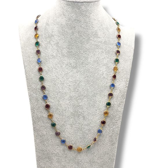 Faceted Gem Color Beads Bezel Set Gold Tone Chain Necklace - Picture 4 of 7
